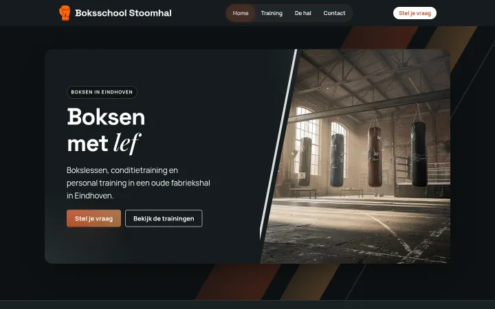 Homepage van Boksschool Stoomhal, een voorbeeldwebsite gemaakt met de WebOké AI Builder